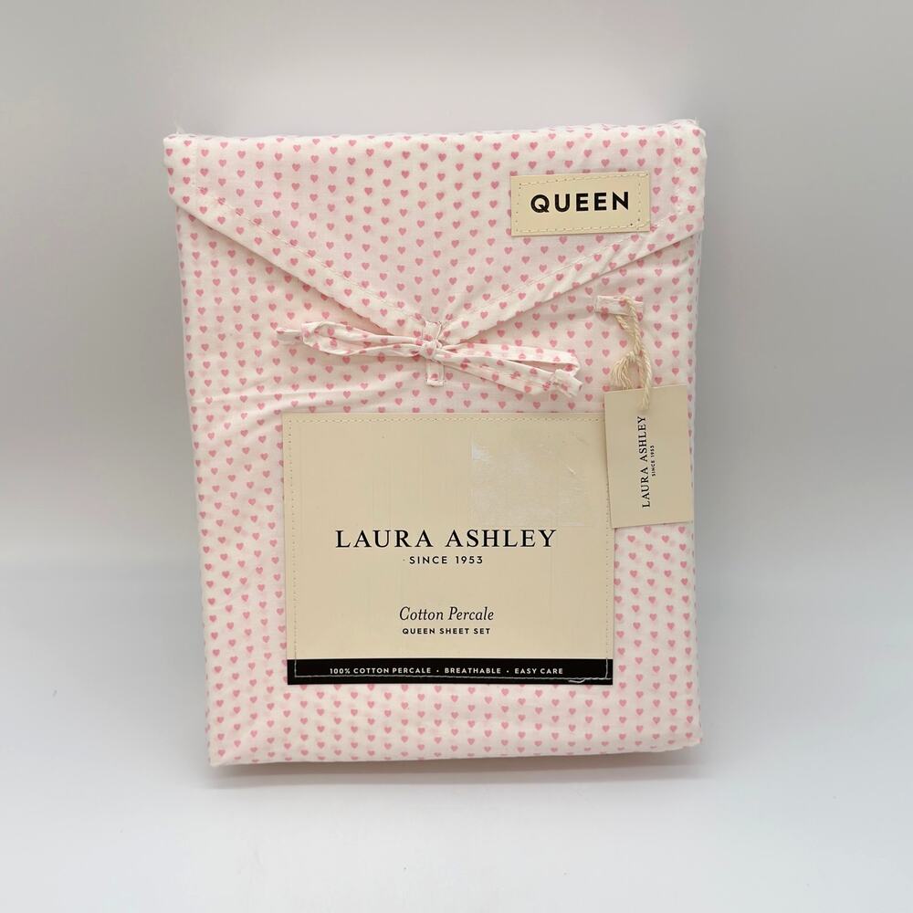 Laura Ashley QUEEN Heart To Heart Pink 4pc Cotton Sheet Set NEW